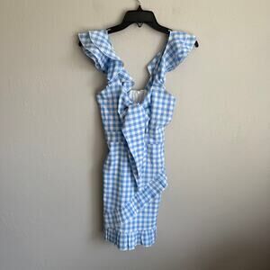 SNDYS Adora V-Neck Ruffle Sleeveless Blue White Gingham Mini Dress Womens XS